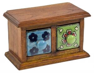 Dřevěná skříňka s 2 keramickými šuplíky, ručně malovaná, 18x11x11cm (2B)