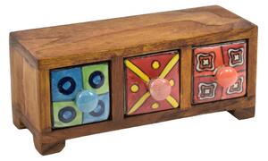 Dřevěná skříňka s 3 keramickými šuplíky, ručně malovaná, 22x8x9cm (1E)