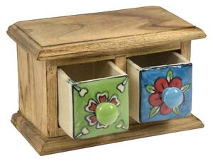 Dřevěná skříňka s 2 keramickými šuplíky, ručně malovaná, 18x11x11cm (2F)