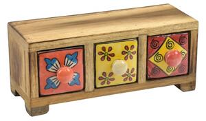 Dřevěná skříňka s 3 keramickými šuplíky, ručně malovaná, 22x8x9cm (1C)