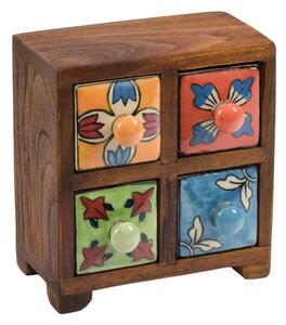 Dřevěná skříňka s 4 keramickými šuplíky, ručně malovaná, 15x11x16cm (3A)