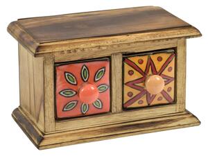 Dřevěná skříňka s 2 keramickými šuplíky, ručně malovaná, 18x11x11cm (2C)