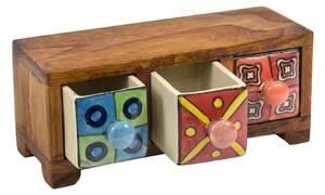 Dřevěná skříňka s 3 keramickými šuplíky, ručně malovaná, 22x8x9cm (1E)