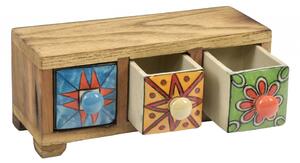 Dřevěná skříňka s 3 keramickými šuplíky, ručně malovaná, 22x8x9cm (1B)