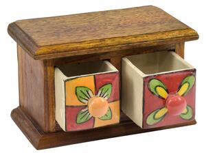 Dřevěná skříňka s 2 keramickými šuplíky, ručně malovaná, 18x11x11cm (2D)