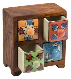 Dřevěná skříňka s 4 keramickými šuplíky, ručně malovaná, 15x11x16cm (3A)
