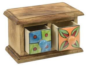 Dřevěná skříňka s 2 keramickými šuplíky, ručně malovaná, 18x11x11cm (2E)