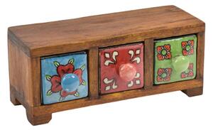 Dřevěná skříňka s 3 keramickými šuplíky, ručně malovaná, 22x8x9cm (1D)