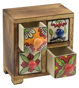 Dřevěná skříňka s 4 keramickými šuplíky, ručně malovaná, 15x11x16cm (3B)