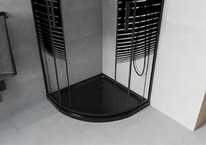 Mexen Rio, čtvrtkruhový sprchový kout s posuvnými dveřmi 90 (dveře) x 90 (dveře) x 190 cm, 5mm čiré sklo s pásky, černý profil + černá sprchová vanička Slim, 863-090-090-70-20-4170B