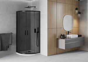 Mexen Rio, čtvrtkruhový sprchový kout s posuvnými dveřmi 90 (dveře) x 90 (dveře) x 190 cm, 5mm šedé sklo, černý profil + bílá sprchová vanička Slim, 863-090-090-70-40-4110B