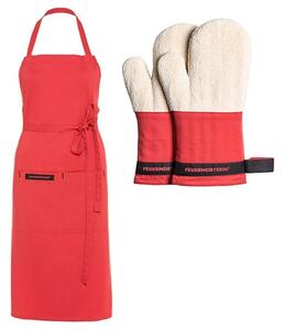 Feuermeister Kuchyňské rukavice Premium červené + Textilní kuchyňská zástěra Premium červená