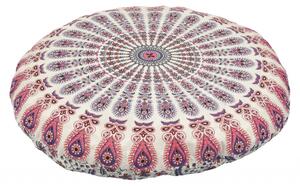Meditační polštář, kulatý, bílo-růžový, mandala paví pera, 80x10cm