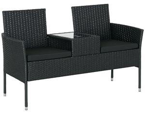 Outsunny zahradní lavička pro 2 osoby s centrálním stolkem, ratanový loveseat, ocel a polyester, 137x59x82 cm, černý | Aosom