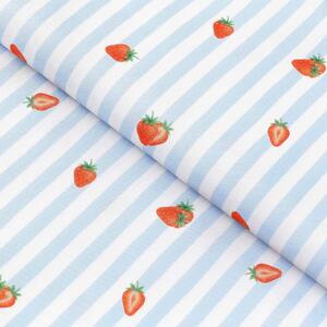 Goldea teflonová látka na ubrusy - modré proužky s jahodami 160 cm
