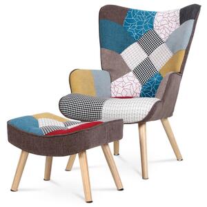 Zlutahala.cz Křeslo "ušák" s podnožkou, potah patchwork látka, nohy masiv kaučukovník