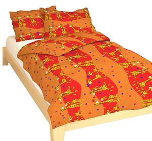 Bavlněné povlečení laděné do červené a oranžové barvy se žirafami. Povlečení je vhodné kombinovat s oranžovým, žlutým nebo červeným prostěradlem. Rozměr povlečení je 90x130 45x60 cm