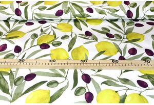 Dekorační látka Bavlna Panama Olivy a citrony, š. 140 cm Vícebarevná Vzorek (10x10 cm +/-1 cm)