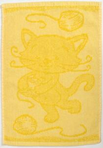 Dětský ručníček s motivem kočičky ve žluté barvě. Obrázek z obou stran