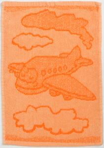 Dětský ručníček s motivem letadýlka v oranžové barvě. Obrázek z obou stran