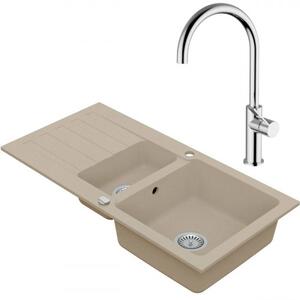 VIMA Dřezový set Teorema 3/A - Granitový dřez 960x480x183 mm 1,5-sektoru s odkapávací plochou, písková + Dřezová baterie Teorema