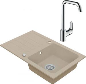 VIMA Dřezový set Hansgrohe 2/A - Granitový dřez s odkapávací plochou 780x480 mm, písková + Dřezová baterie Hansgrohe Focus