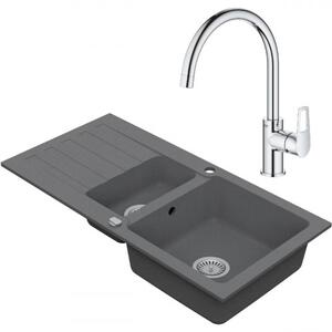VIMA Dřezový set Grohe 3/C - Granitový dřez 960x480 mm 1,5-sektoru s odkapávací plochou, šedá + Dřezová baterie Grohe Bau Loop