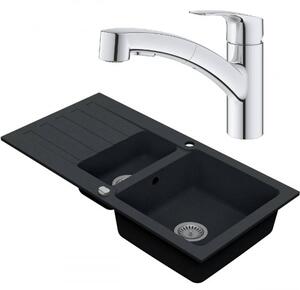 VIMA Dřezový set Grohe 6/O - Granitový dřez 960x480 mm 1,5-sektoru s odkapávací plochou, tmavý grafit matný + Dřezová baterie Grohe Eurosmart