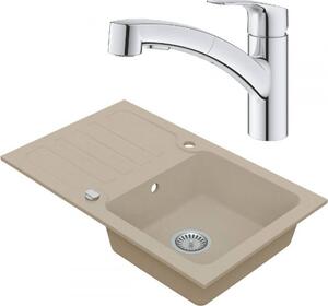 VIMA Dřezový set Grohe 5/A - Granitový dřez s odkapávací plochou 780x480 mm, písková + Dřezová baterie Grohe Eurosmart
