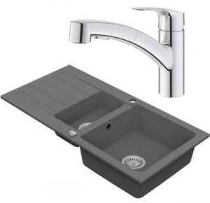 VIMA Dřezový set Grohe 6/C - Granitový dřez 960x480 mm 1,5-sektoru s odkapávací plochou, šedá + Dřezová baterie Grohe Eurosmart