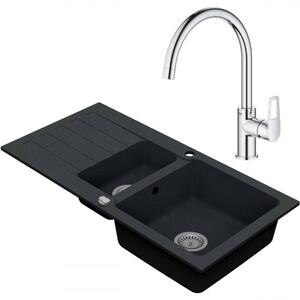 VIMA Dřezový set Grohe 3/O - Granitový dřez 960x480 mm 1,5-sektoru s odkapávací plochou, tmavý grafit matný + Dřezová baterie Grohe Bau Loop