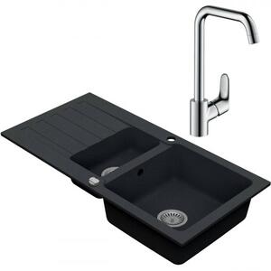 VIMA Dřezový set Hansgrohe 3/O - Granitový dřez 960x480 mm 1,5-sektoru s odkapávací plochou, tmavý grafit matný + Dřezová baterie Hansgrohe Focus