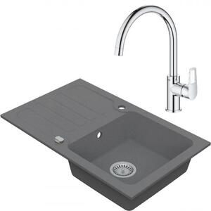 VIMA Dřezový set Grohe 2/C - Granitový dřez s odkapávací plochou 780x480 mm, šedá + Dřezová baterie Grohe Bau Loop