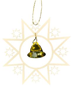 AMADEA Dřevěná ozdoba hvězda se zlatým zvonečkem, 9 cm, český výrobek
