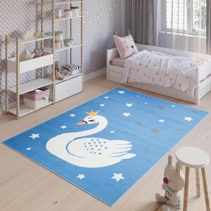 Dětský modrý koberec s labutí