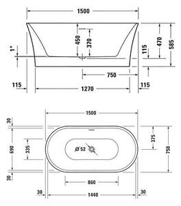 Duravit DuraSenja - Volně stojící vana 1500x750 mm, bezešvý akrylový panel, s odtokovým a přepadovým setem, bílá 700579000000000