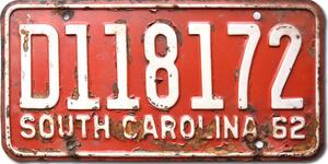 Americká SPZ South Carolina 1962 Red D118172
