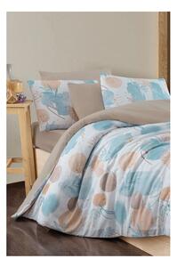 Modro-hnědé 4dílné prodloužené povlečení na dvoulůžko s prostěradlem 200x220 cm Magnolia – Mila Home