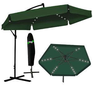 Zelený zahradní slunečník se stojanem a LED osvětlením