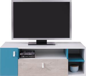 Televizní stolek PLANET- PL10, bílý lux+dub+modrá
