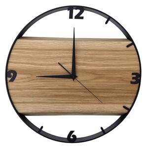 Dřevěné hodiny - 45cm, přírodní dřevo - dub, černý kovový rám (45B18)