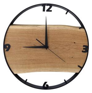 Dřevěné hodiny - 45cm, přírodní dřevo - dub, černý kovový rám (45B21)