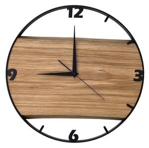 Dřevěné hodiny - 45cm, přírodní dřevo - dub, černý kovový rám (45B26)