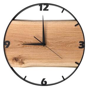 Dřevěné hodiny - 45cm, přírodní dřevo - dub, černý kovový rám (45B60)
