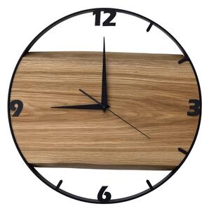 Dřevěné hodiny - 45cm, přírodní dřevo - dub, černý kovový rám (45B29)
