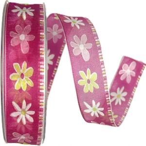 Stuha taftová PINK FLOWERS 25mm x 20m (6,- Kč/m)