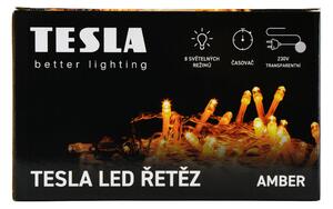 TESLA lighting Tesla - dekorativní řetěz, AMBER, 100LED, 10m + 5m kabel, 230V, 8 funkcí, IP44, transparentní