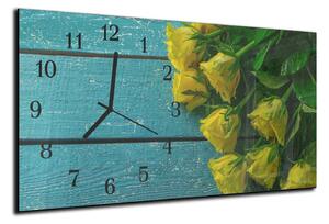 Nástěnné hodiny žluté růže modré dřevo 30x60cm - plexi