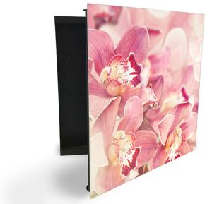 Glasdekor skříňka na klíče - detaily květy růžové orchideje - Levé / Bílá