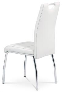 Jídelní židle, potah bílá ekokůže, černé prošití, kovová čtyřnohá chromovaná pod HC-484 WT